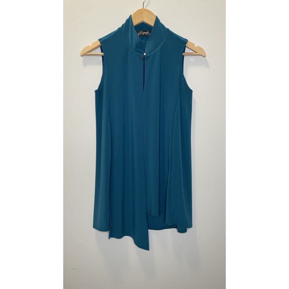 Sympli Lagenlook Sleeveless Mandarin Asymmetric Top Key Hole Knit Blue Women 6